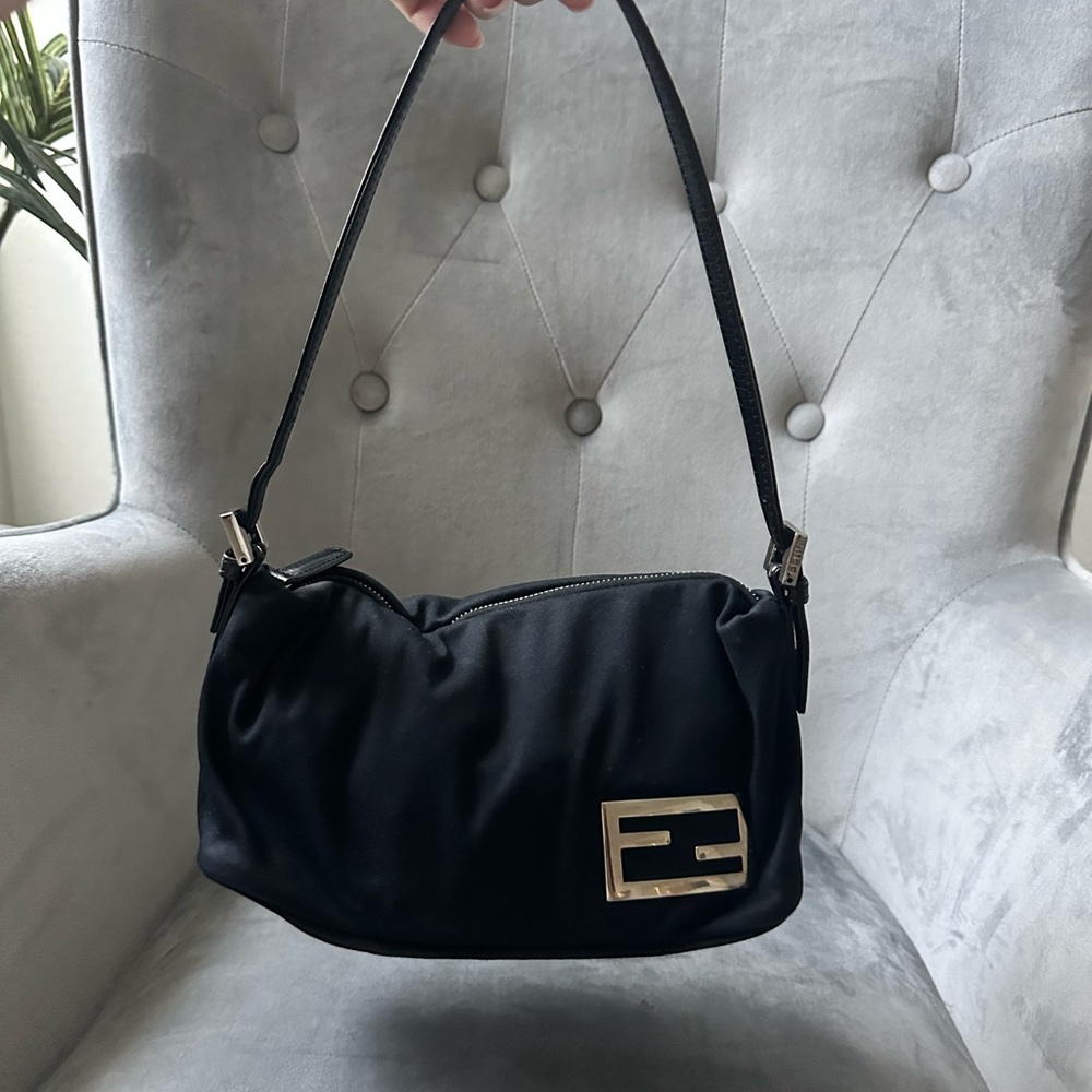 Fendi Black Shoulder Bag with silver logo Plaque